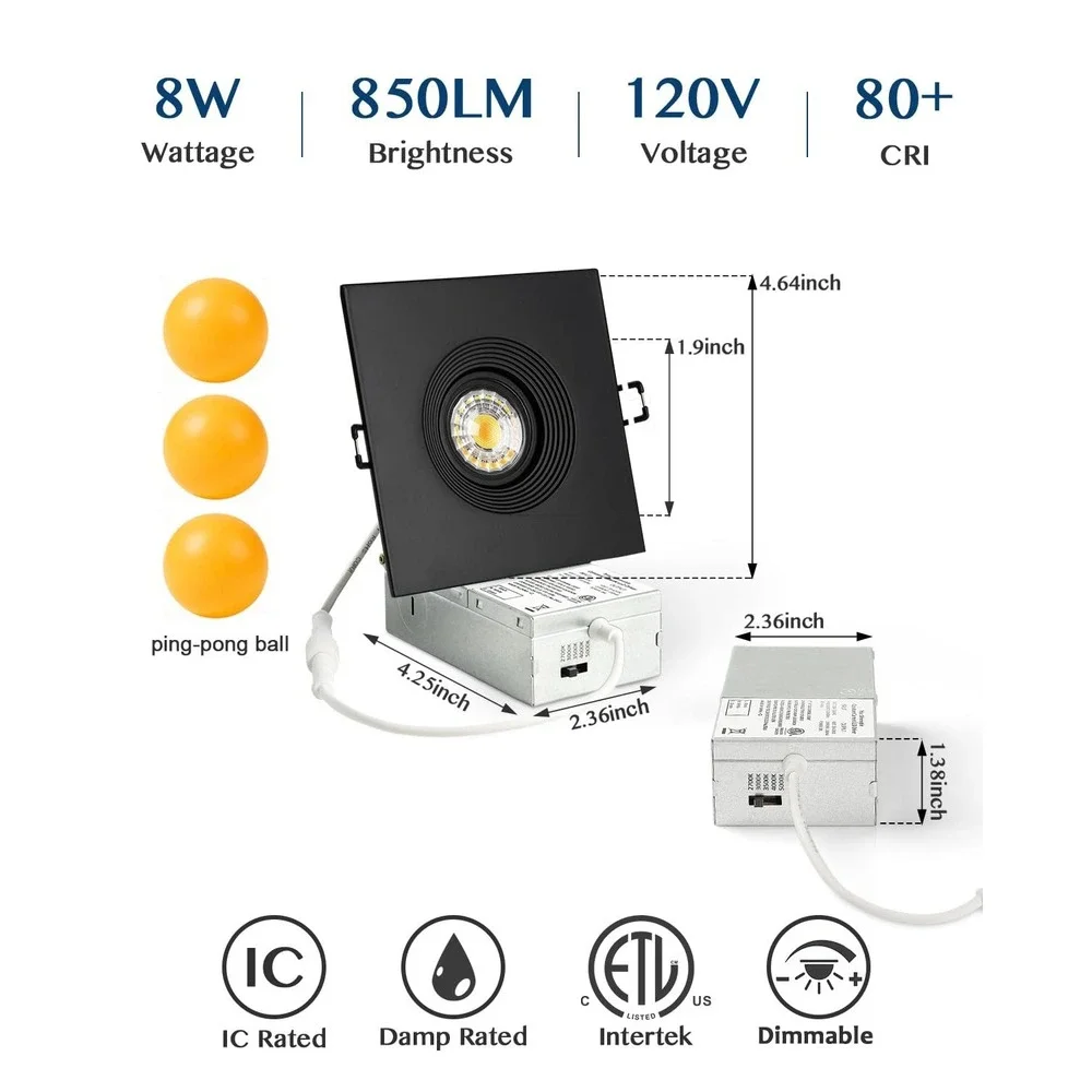 Wembanma 6 Pack 4 Inch Square LED Recessed Lighting 8W Black Gimbal Downlight